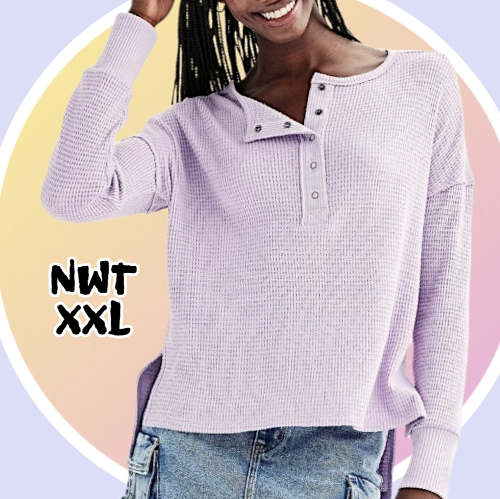 NWT Sz XXL Lilac Super Soft Waffle Knit Henley 5 Snap Long Sleeve Top